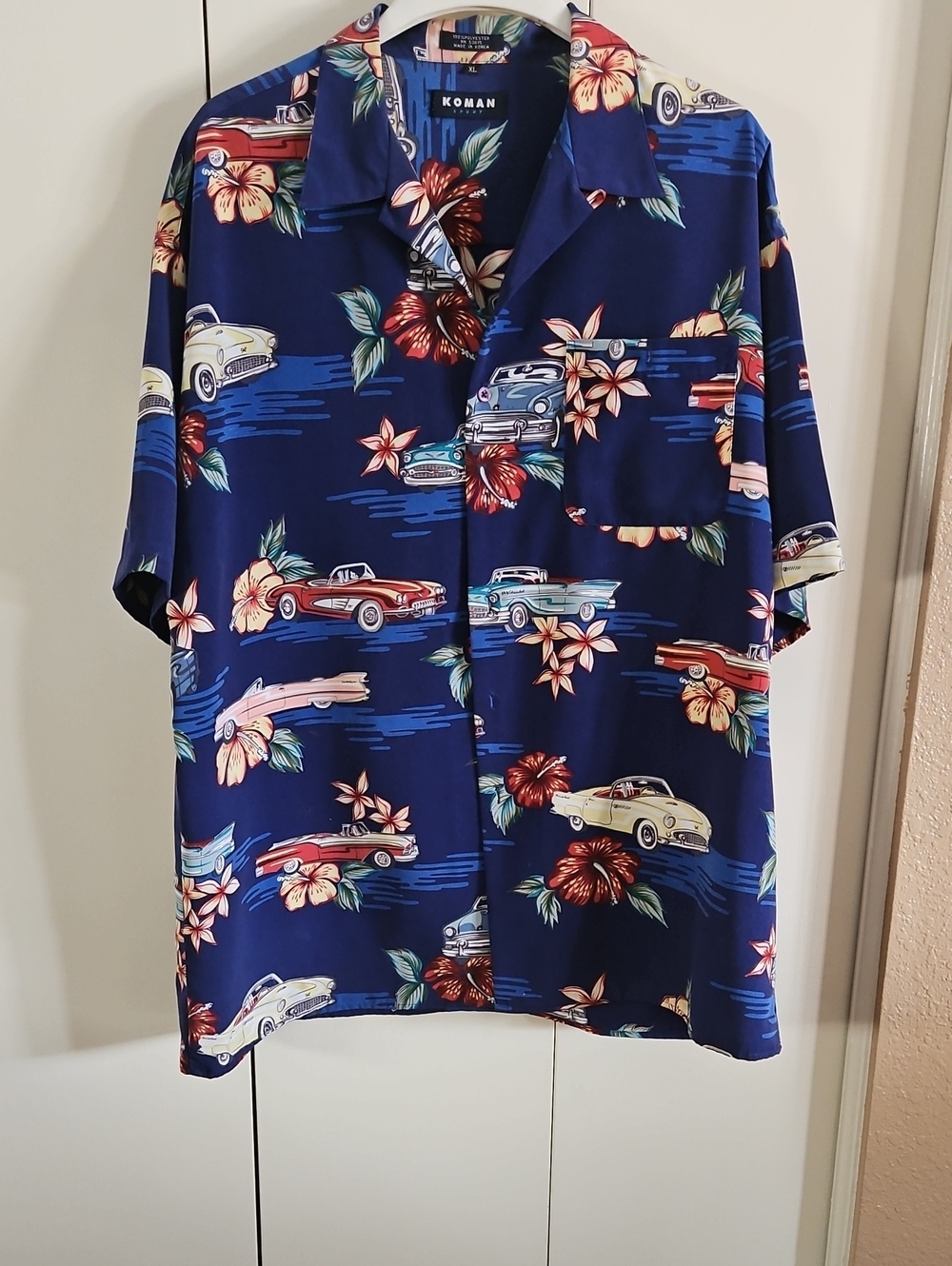 Koman Men's Navy Floral & Car Print Short Sleeve Button-Down Shirt